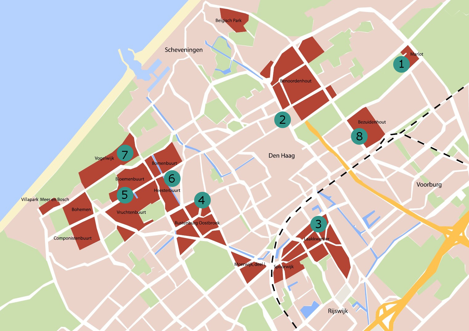 kaart met startpunten Nieuwe Haagse School wandelingen